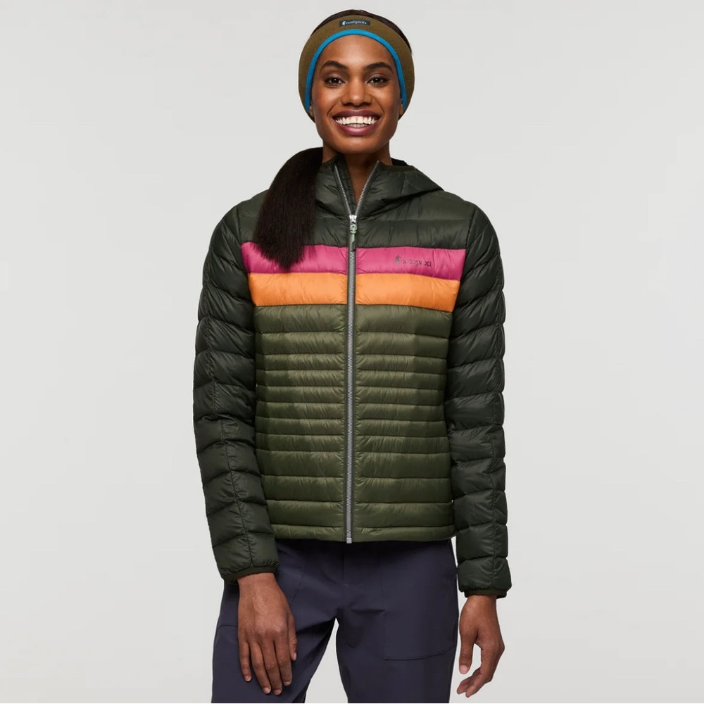 cotopaxi Olive Green Puffer Jacket with Pink and Orange Chest Stripes